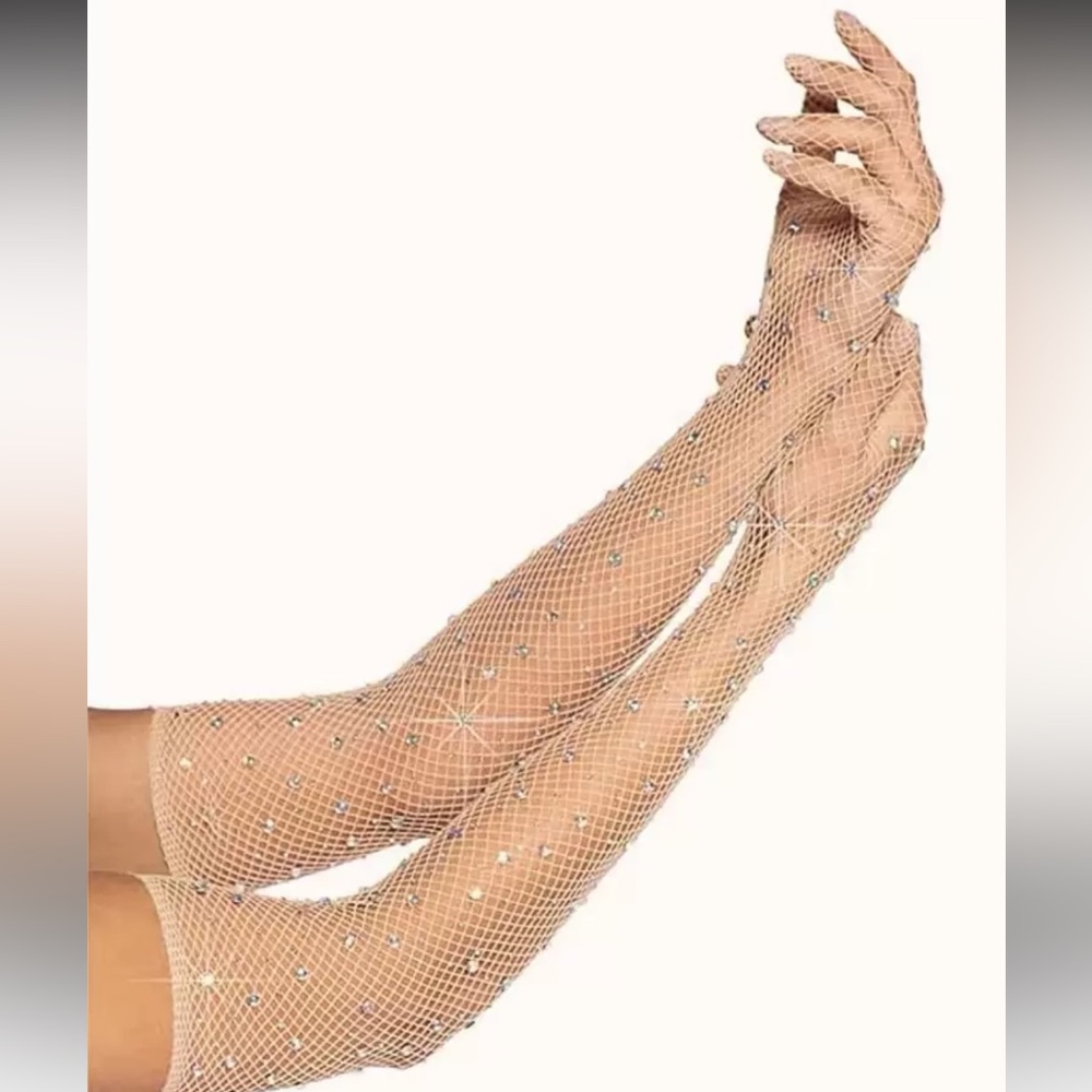 Rhinestone Mesh Opera Gloves - Nude